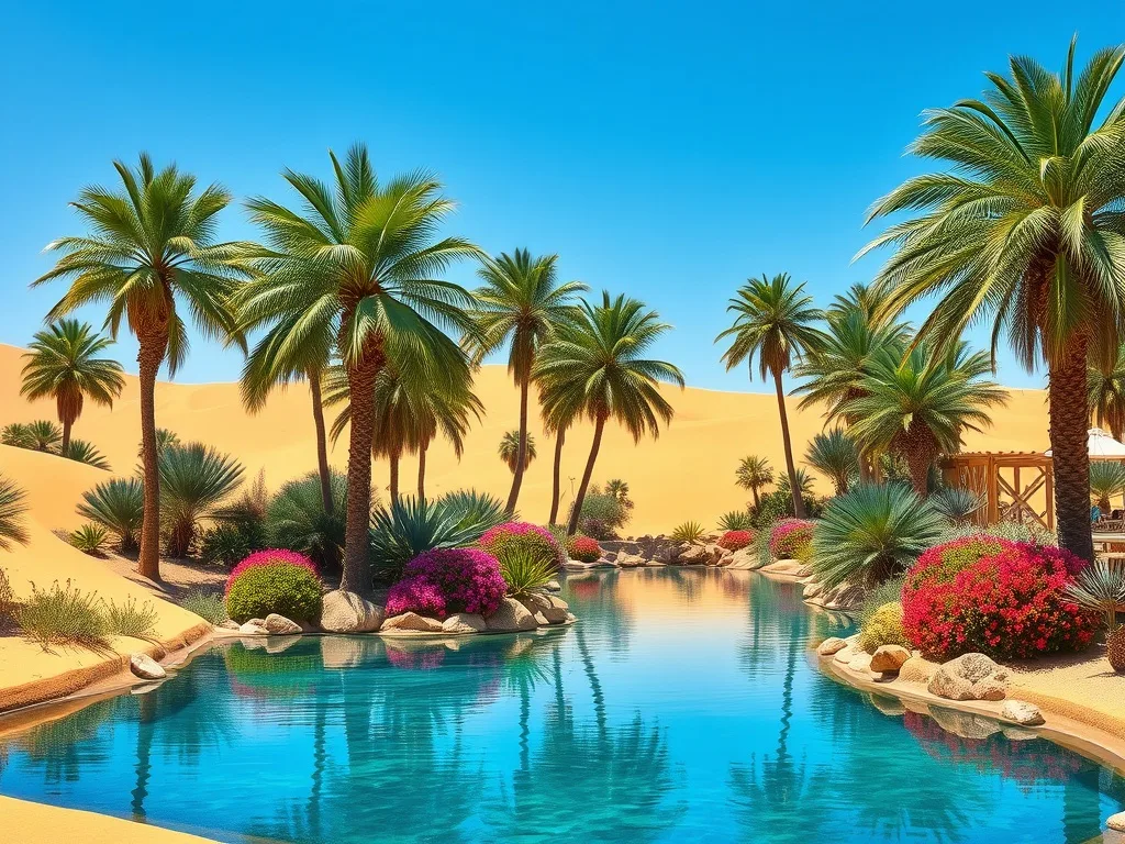 Palm trees around a turquoise oasis pool in the desert